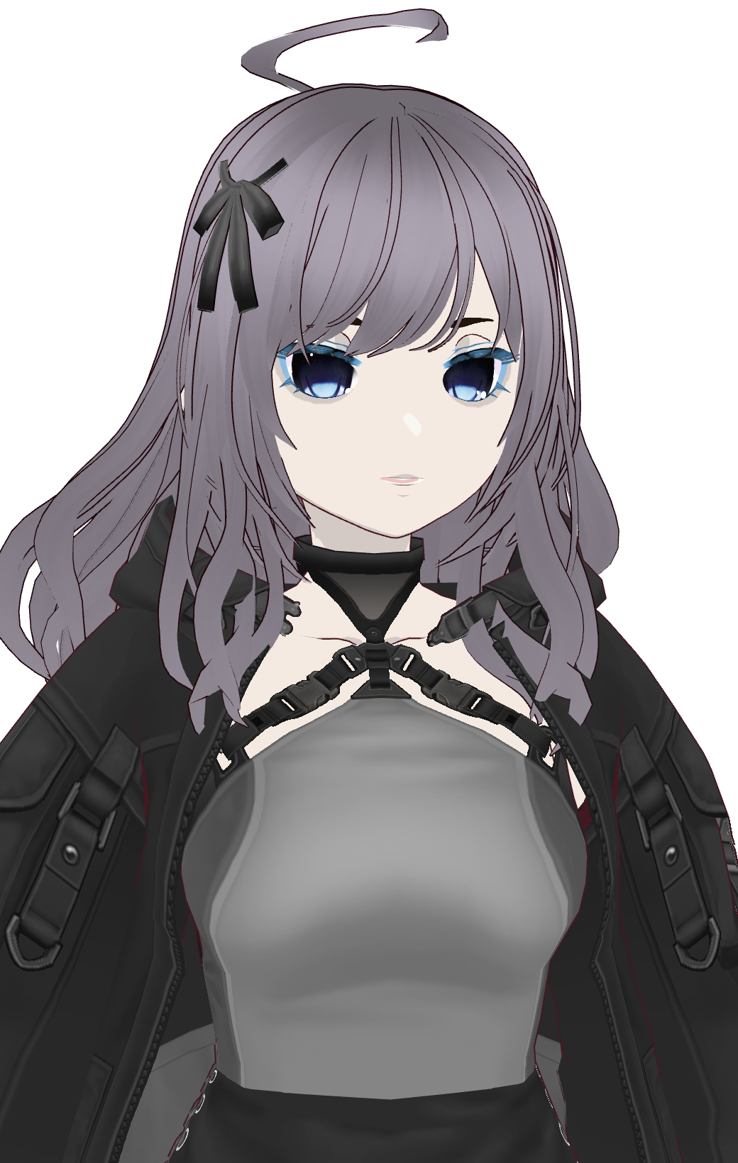 Marina, an anime character with long lilac hair, a black ribbon and a dark jacket, on a transparent background